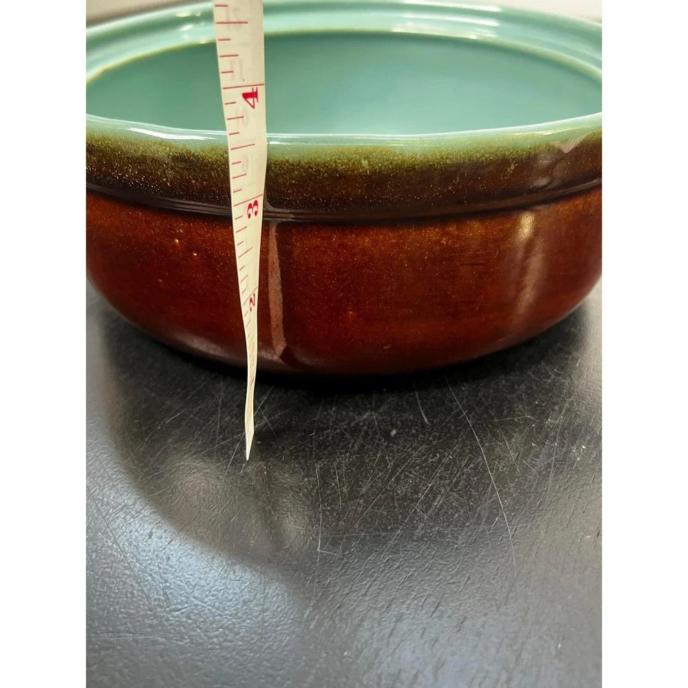 Vintage‎ Ceramic Casserole Dish Brown Turquoise MCM Single Handle 6.5in